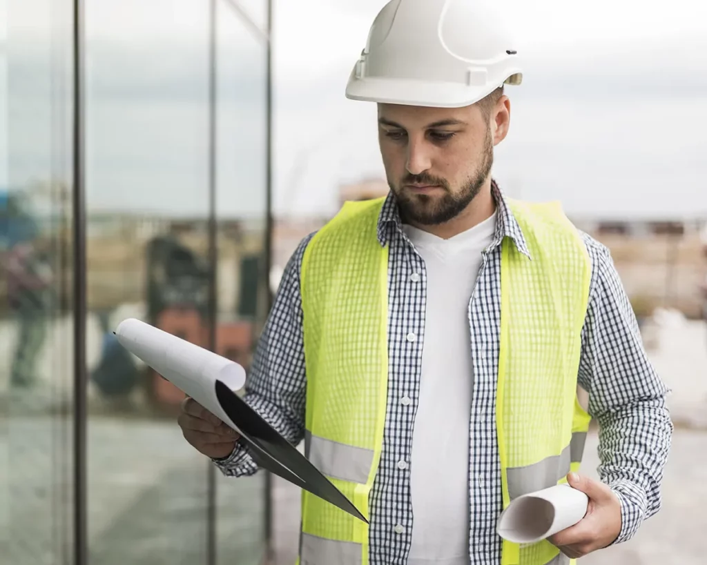 Ingenieur mit Clipboard auf Baustelle