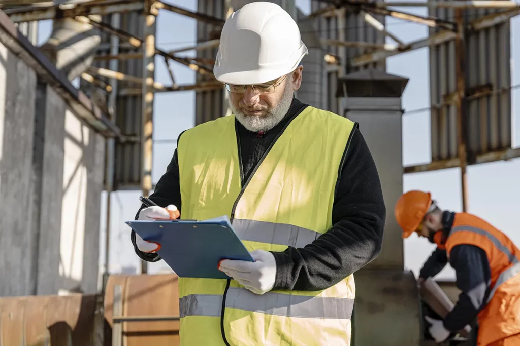 Bauaufsicht mit Papieren in der Hand