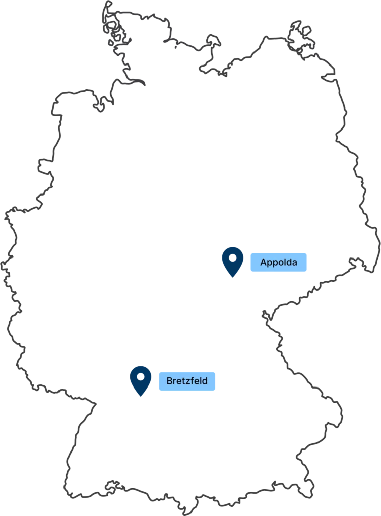 Umrisskarte von Deutschland mit zwei Standortmarkierungen